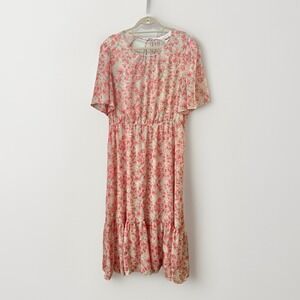 ARULA Women 1X Floral Boho Maxi Dress Flowy Ruffle Size A Lined Pink Tulips‎